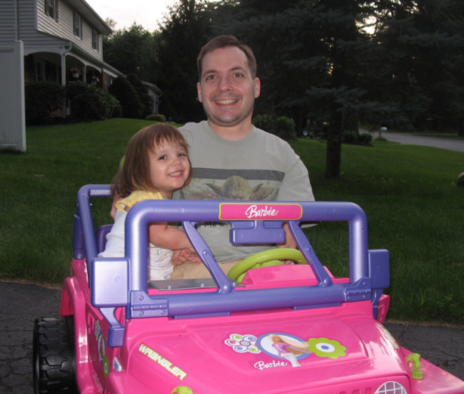 One Benefit of Being a Little Person is you can drive your daughter around in her Barbie Jeep when she's had too much to drink...