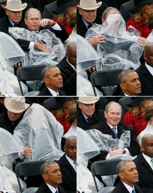 Bush battles plastic poncho