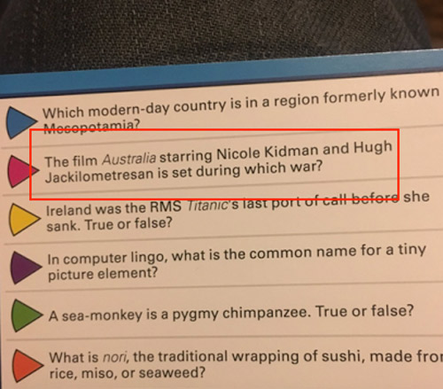 Trivial Pursuit changes "km" to "kilometre" using find & replace command. Nailed it