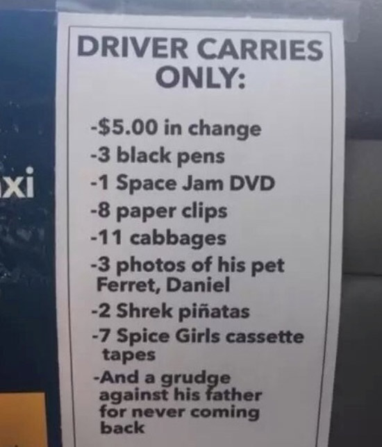 Sign in a taxi cab