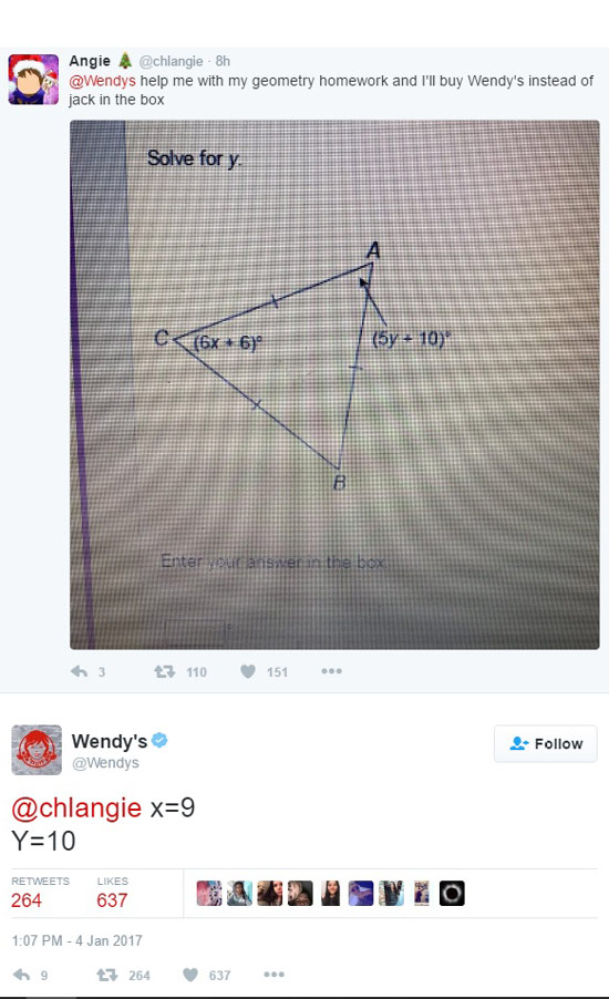 Wendy's Twitter is now solving geometry questions for people
