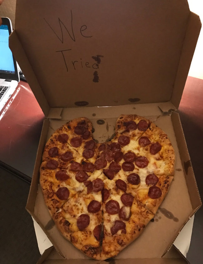 Girlfriend called domino's to send me a surprise heart-shape Valentine's Day pizza while I'm on a business trip