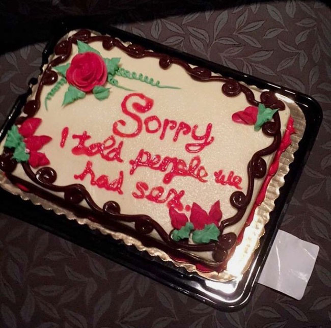 Hooked up with a friend who told a bunch of people. She felt bad for telling everyone, so she got me this cake