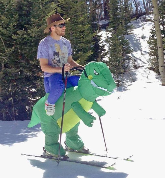 This guy's skiing costume