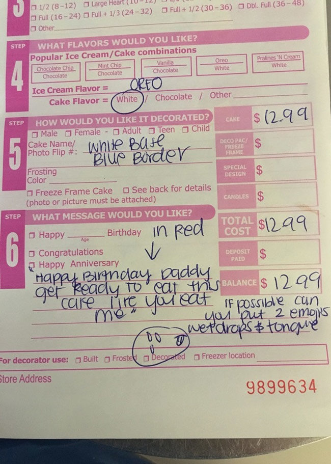 My girlfriend works as a cake decorator at a Baskin-Robbins. This is today's order she has to make