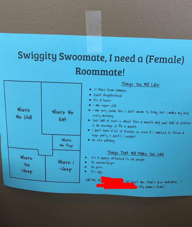 Roommate wanted ad found on campus is oddly truthful and endearing