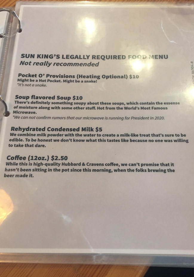 In order to legally be a brewery/tap room, they had to sell food, so this is what the guys at Sun King brewing came up with