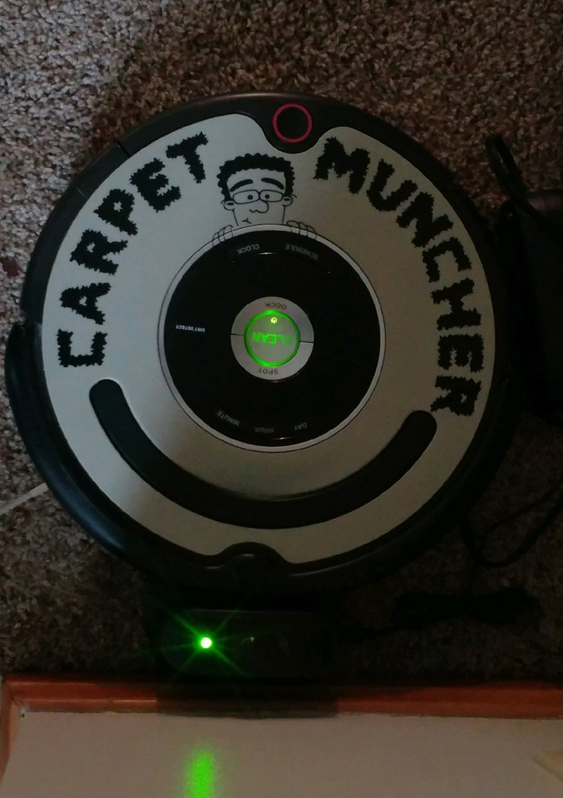 My wife learned to make custom stickers. This is how I found the Roomba today