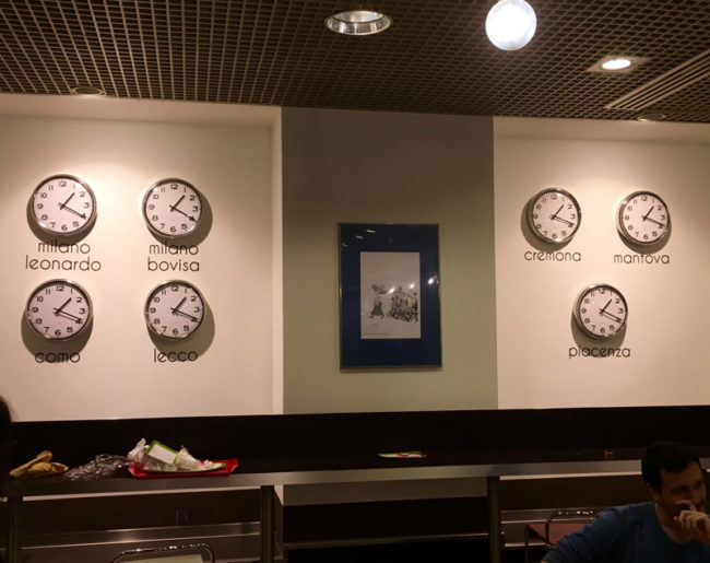 My university canteen has a wall clock for each of the university's campuses... except they are all in the same country, so all the clocks show the exact same time