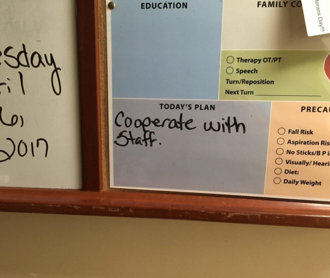 Visited my uncle in the hospital last night, and the white board showed this as "Today's Plan". Sounds about right