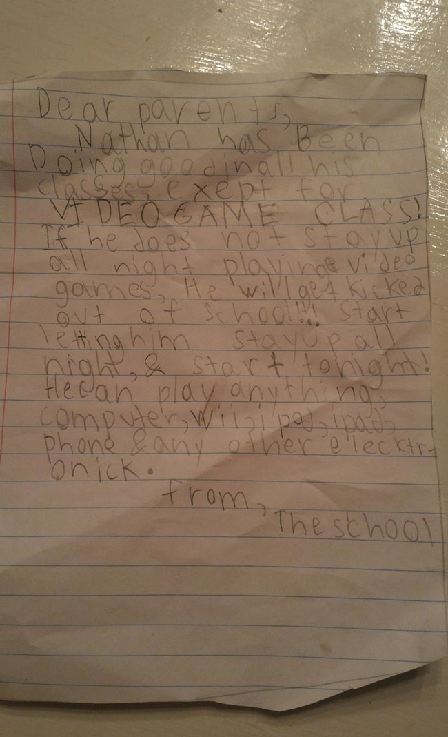 Totally legit note I got from my 7yo's school today