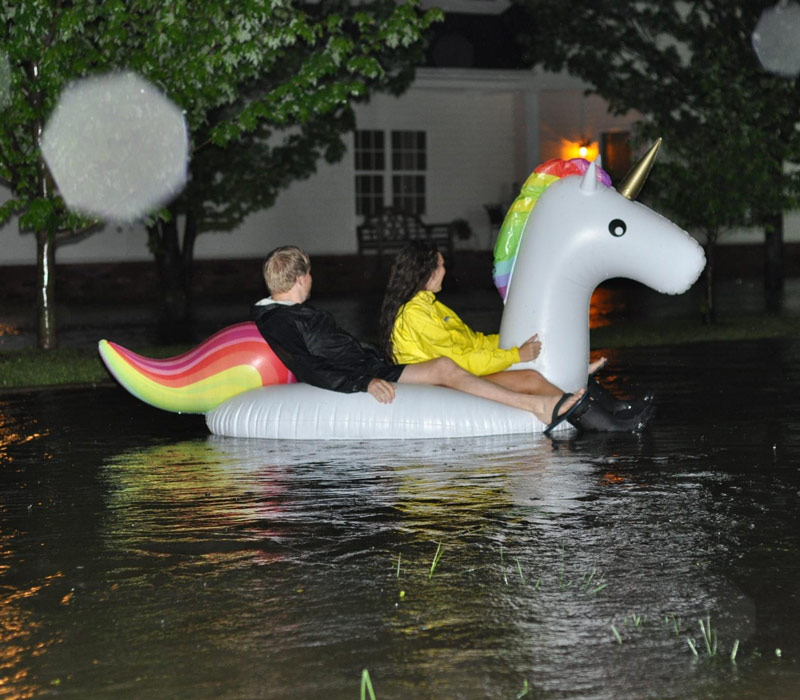 I live in Fayetteville, AR where we are currently getting record flooding. So naturally, my neighbors rode their unicorn through the streets