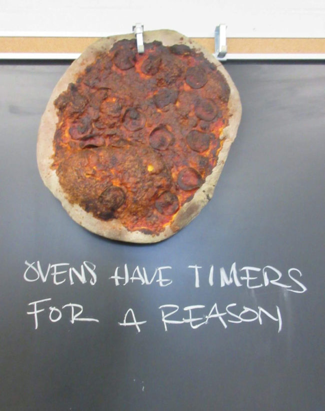 My cooking teacher pinned this poor pizza to the blackboard