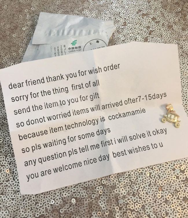 There was a mix-up with an item I ordered from China, so the seller sent me a note and a little gift to tide me over until the correct item arrived. 10/10 apology