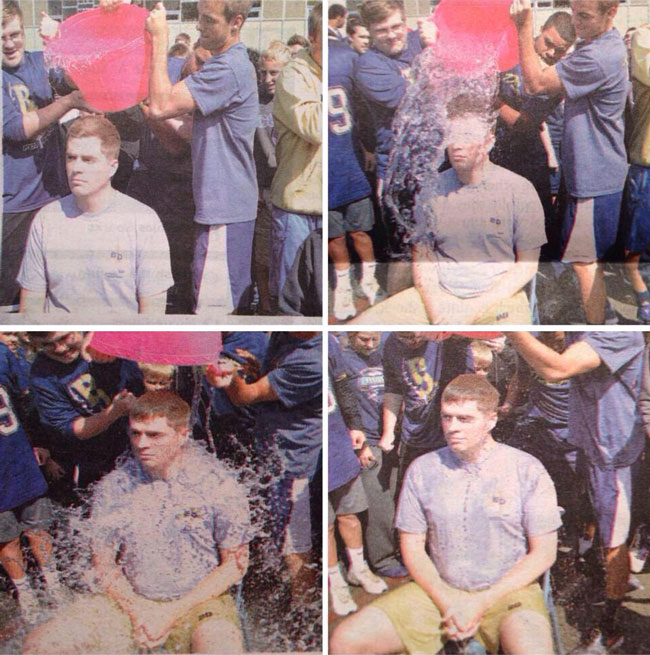 My stoic school teacher before, during, and after having a bucket of ice and water dumped on his head