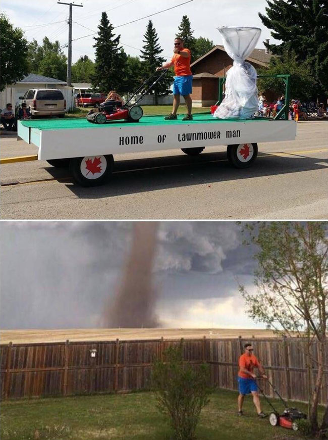 Remember the guy who was cutting his lawn during the tornado? Well he had his own float in the local parade!