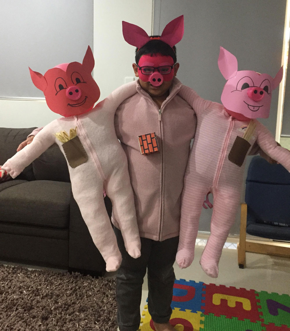 Our son wanted a Three Little Pigs costume for bookfair. We obliged