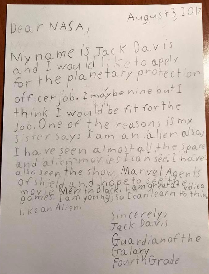 My friend's son wrote a letter to NASA