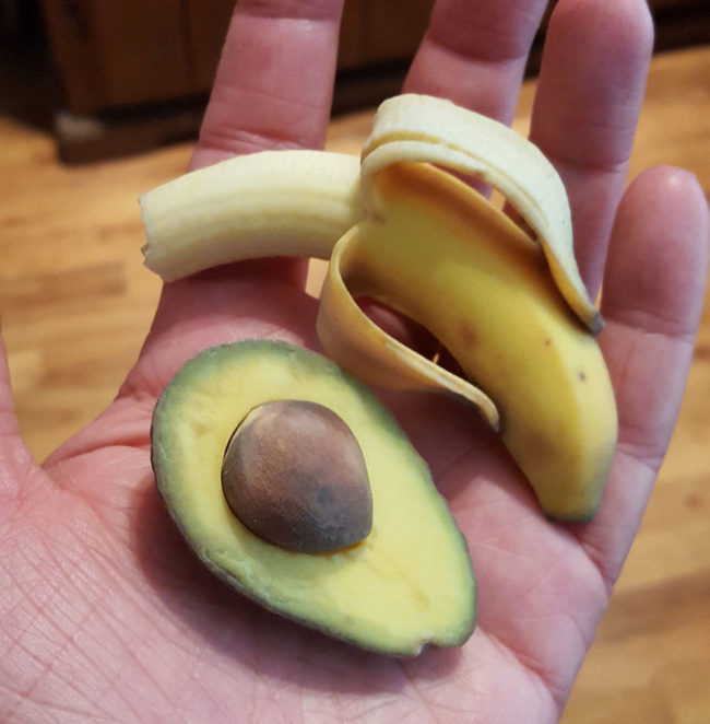 3D printed mini avocado and banana
