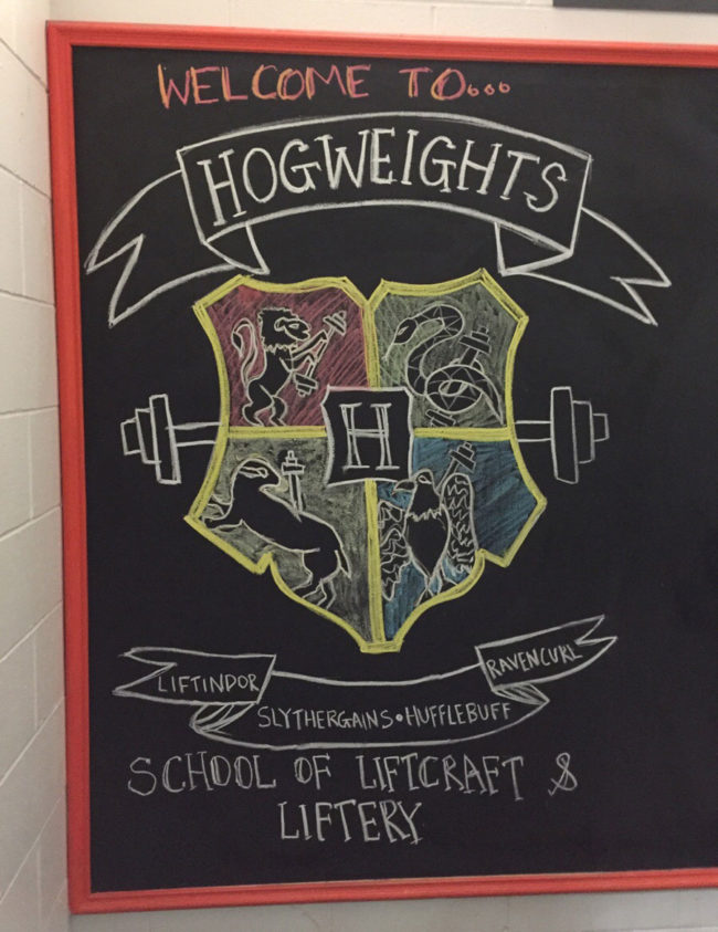 A PT at my gym draws something new on the blackboard every week. This was today's effort