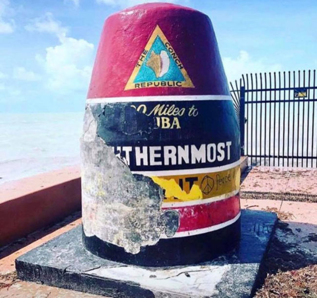 Hurricane Irma peeled the paint right off of Key West's Southernmost Point