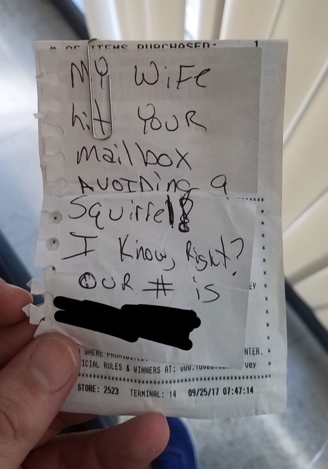 Mailbox damaged - Found this note