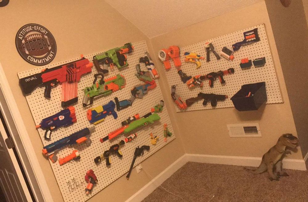 My little bro loves Nerf guns, we built him this for his wall in his room