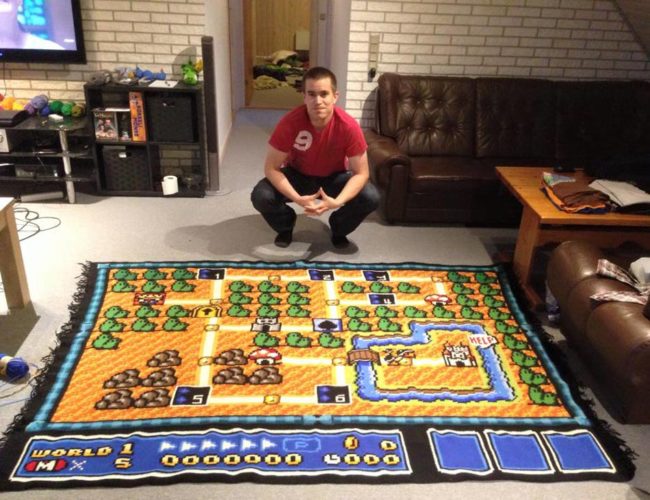 My friend used 6,5 years (800 hours) to make this awesome Super Mario blanket