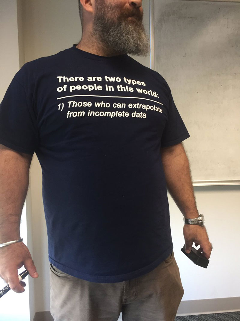 Students were asking this professor why his shirt is missing the 2nd part