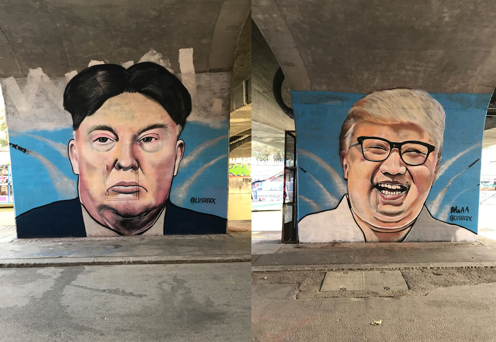 Trump & Kim Jong-un hairswap graffiti in Vienna