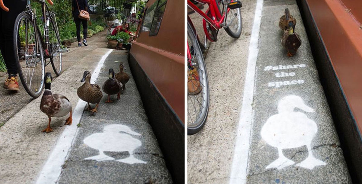 Someone painted duck Lanes near the canal walkway
