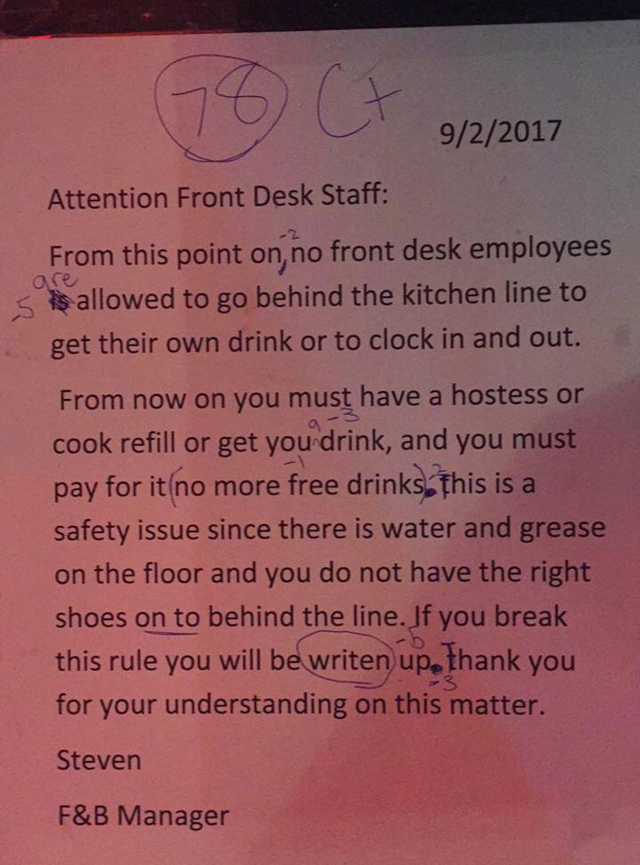 A co-worker graded the new manager's notice