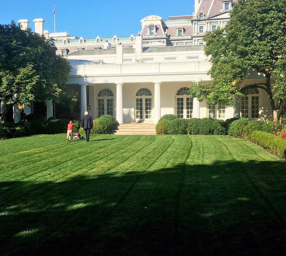 President Trump walking with a boy who asked if he could mow the White House lawn, and was allowed to!