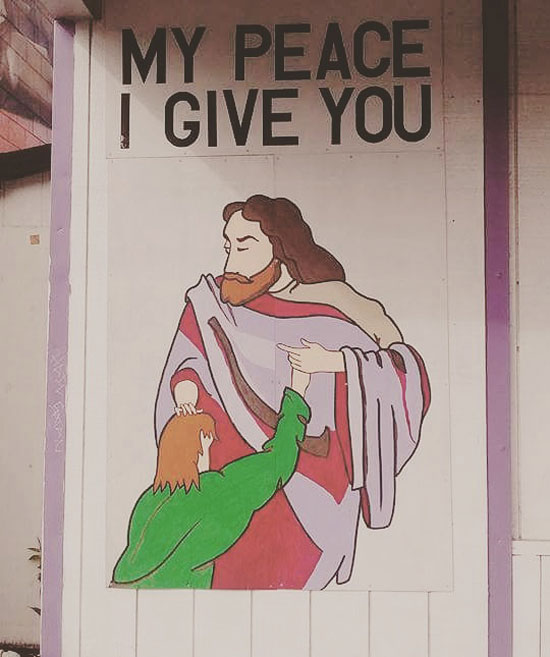 This church by my house should reconsider this painting on the side of their building