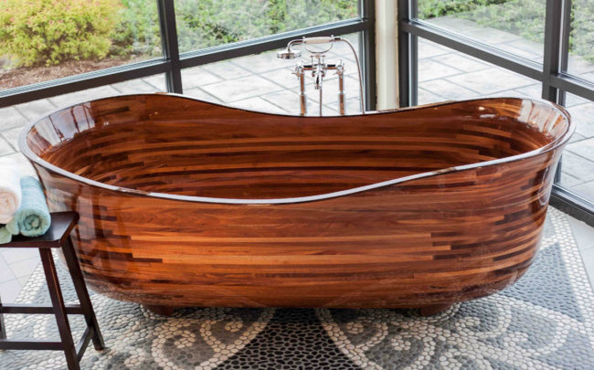 A wooden bathtub