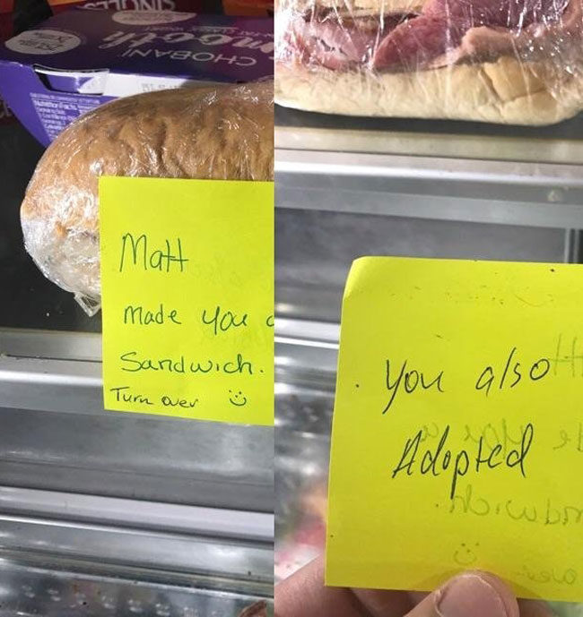 My mom made me a sandwich for work but my brother saw the note before me