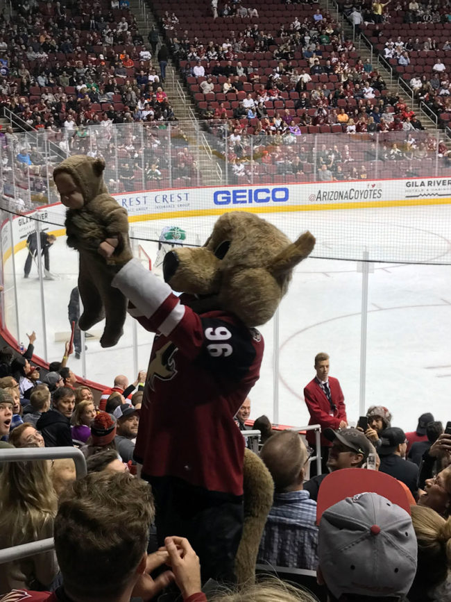 Yesterday the Arizona Coyotes mascot found a baby dressed like him, he then went into Lion King mode