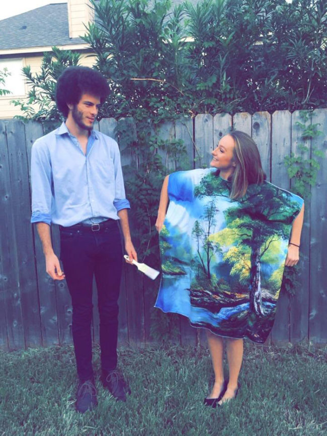 My boyfriend and I decided to go as Bob Ross and his painting for Halloween this year! Yes, that’s his real hair