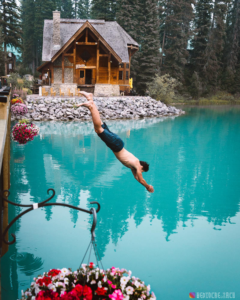 My friend taking a dive into Emerald Lake