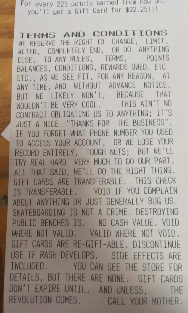 Terms and conditions for gift cards at Shakespeare's Pizza