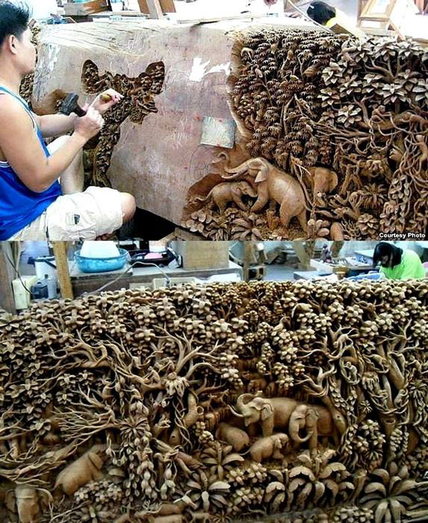 Intricate Thai wood carving art