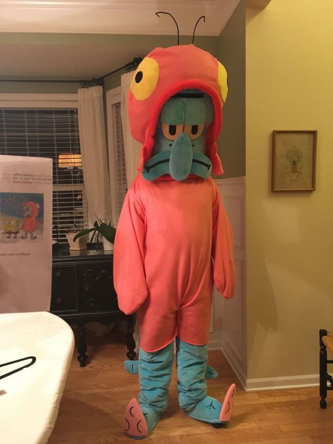 Finished my Squidward wearing a salmon suit costume