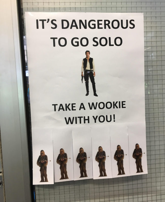 The librarian decided to theme the library in a Star Wars fashion and placed this on the doors