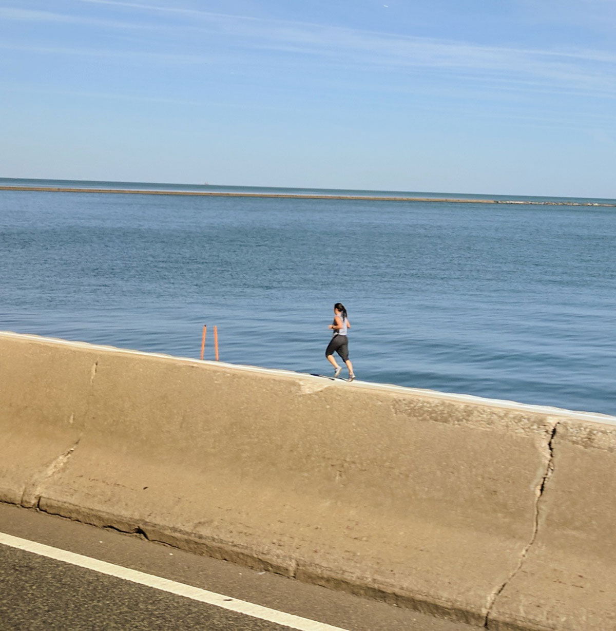 Tiny jogger spotted on freeway barrier