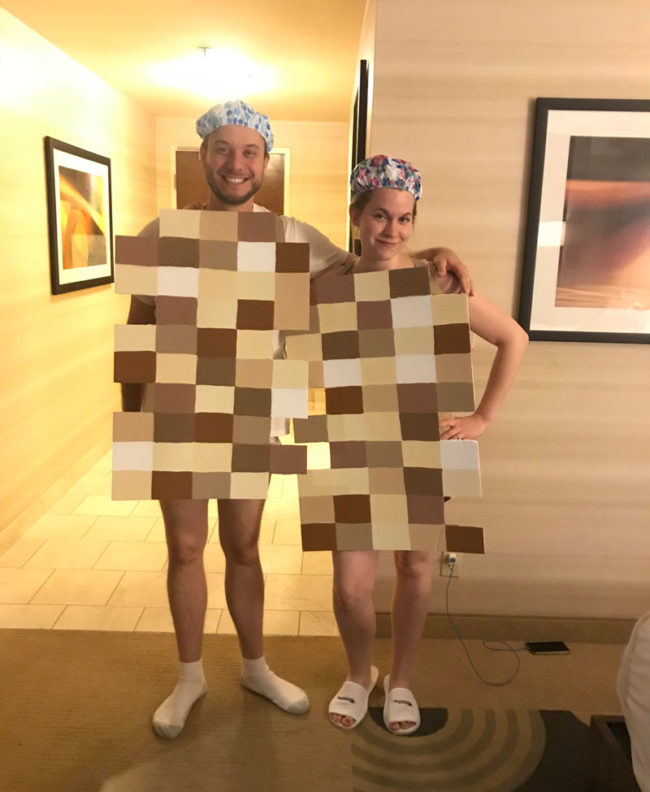 Me and my husband in our Halloween costumes as “pixelated naked people.”