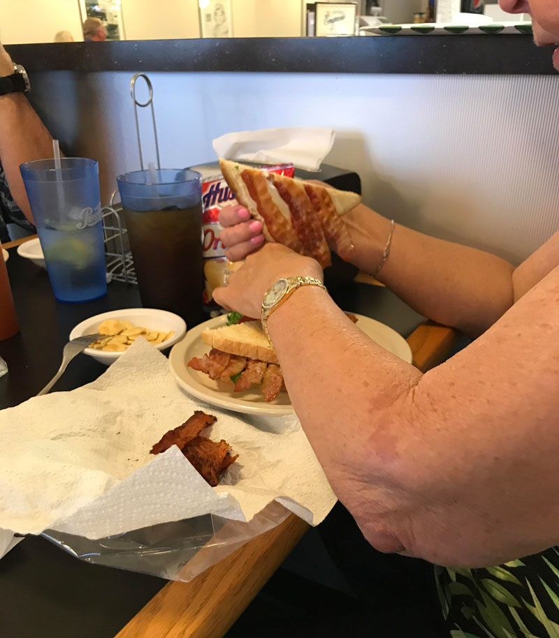 My grandma packs her own bacon because she feels like the restaurants never put enough in her BLTs...