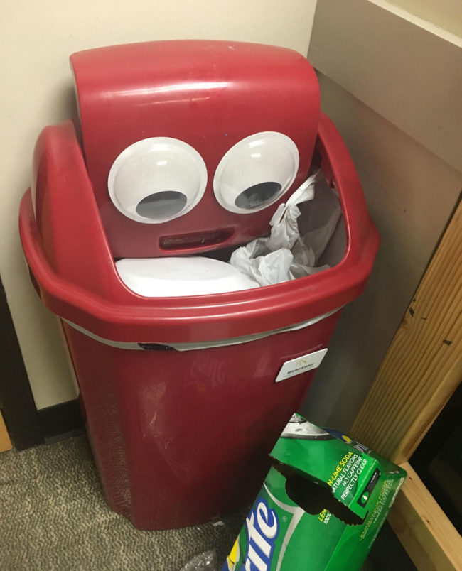 I put googly eyes on my trash can and it always looks concerned when it starts getting full