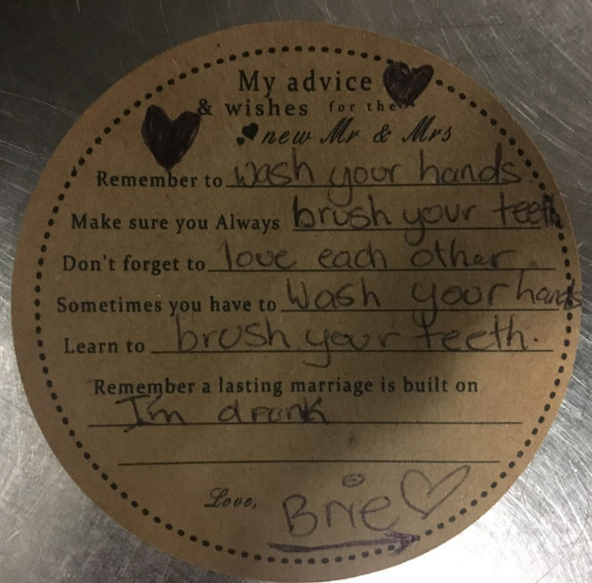 Found this comment card from a wedding I worked