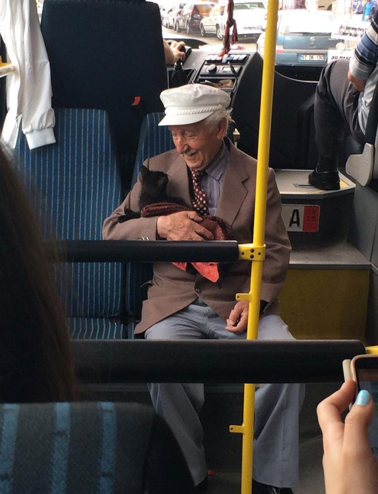 An old man with his cat