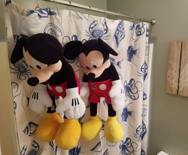 Walked into bathroom where my wife was air drying my son's Mickey dolls. I call it the Mickey Mouse Slaughter House
